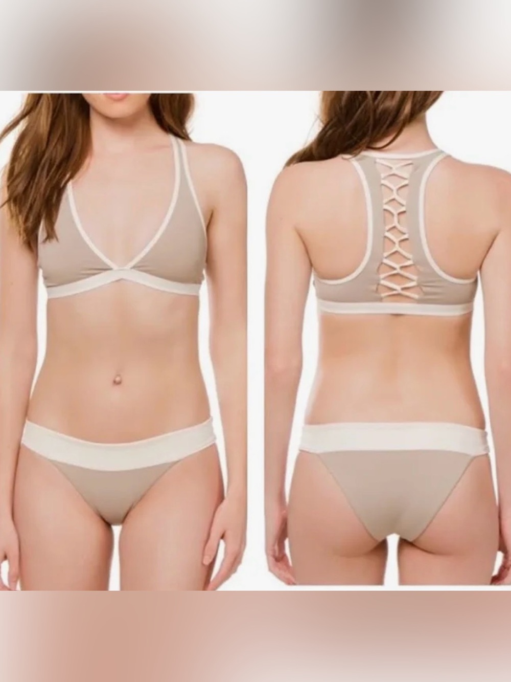 L*Space Skylar Bikini Top & Veronica Bottom Set Taupe White Size M/L